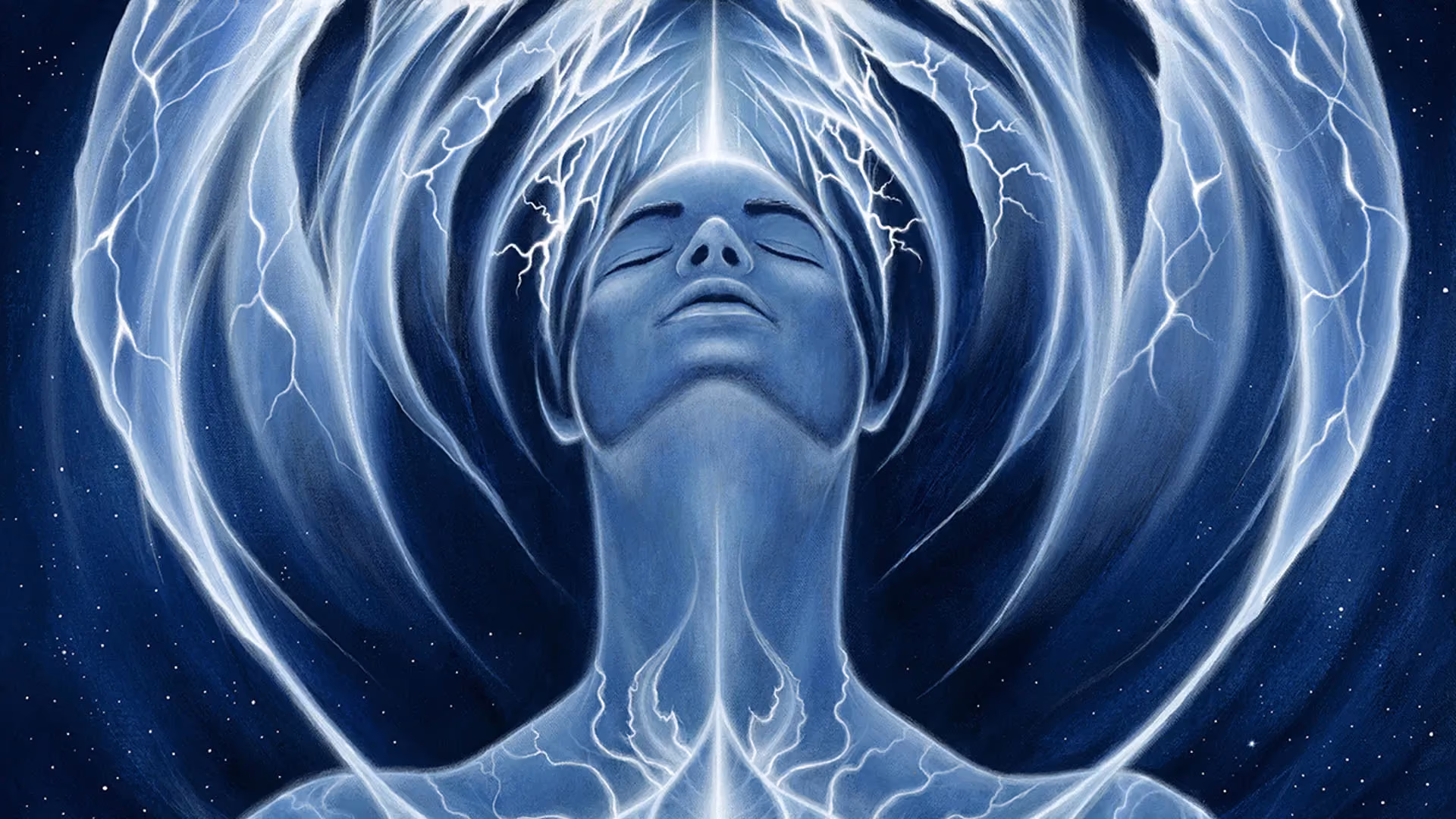 Illustration of a glowing blue figure, eyes closed, surrounded by arcs of electric light